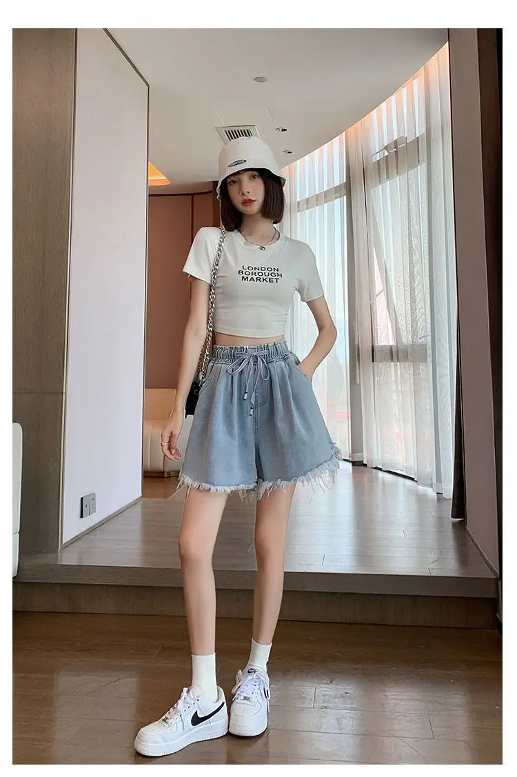 Big Size Denim Shorts Summer Thin Section Wide Leg Wide Loose Tight High Waist Female Students Fattening Women Tassel Wide - reetell