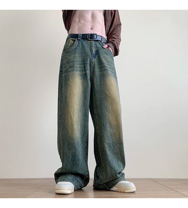 Distressed Vintage Blue Jeans Pants Men Wide-leg Denim Trousers Male Oversize Streetwear Fashion Casual Baggy Straight Jeans - reetell