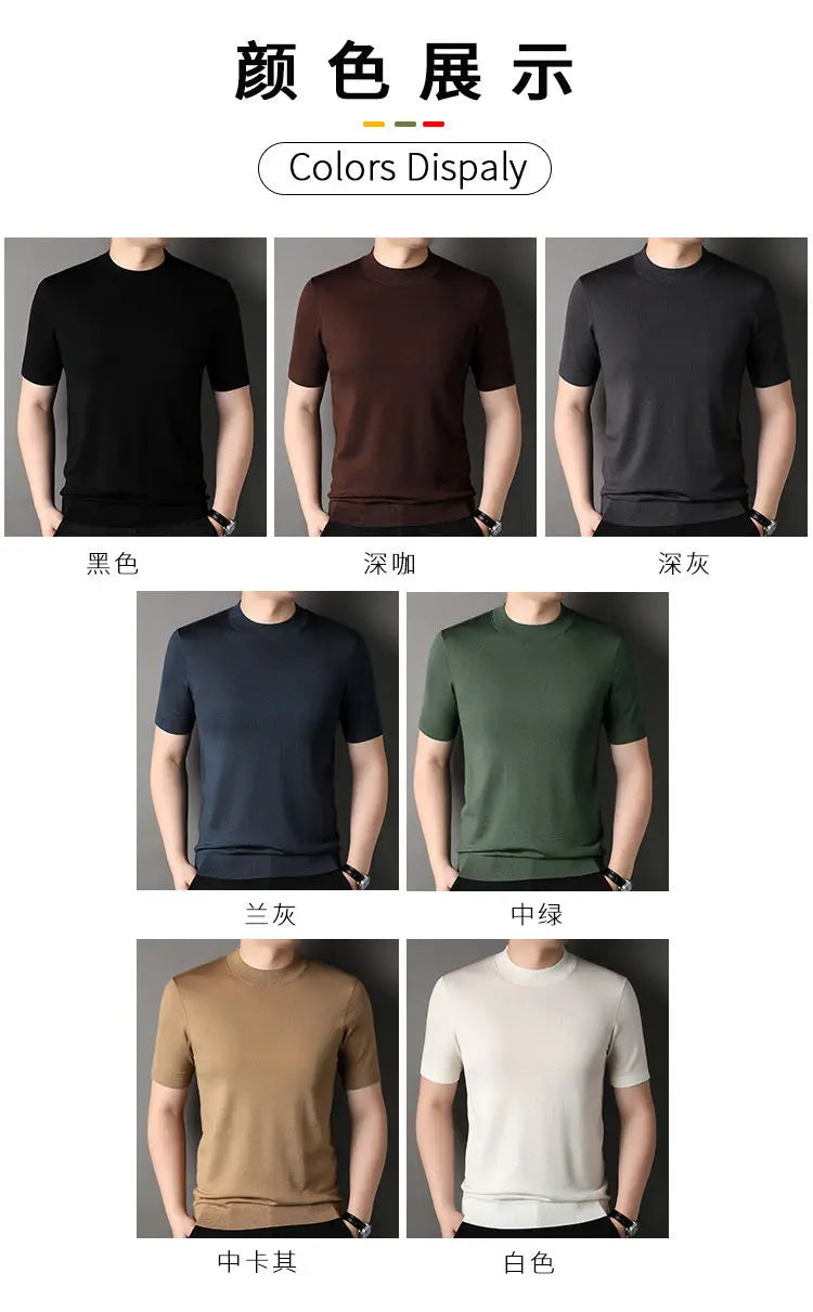 Worsted Mercerized Men Summer Short Sleeves T-shirt Versatile Fashion Male Clothing Half Turtleneck Casual Basic Knitted Tops - reetell