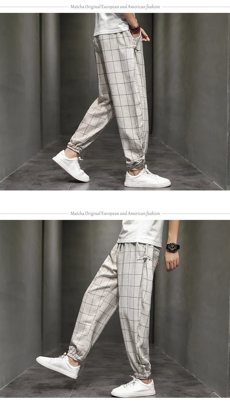 Cotton Linen Pants for Men New Trend Disc Buckle Hallen Pants Man Spring Summer Comfortable Breathable Casual Pants