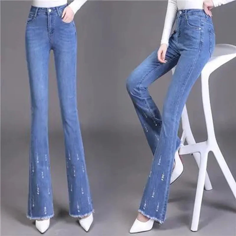 Spring Autumn New Trend Trimmings High Waist Denim Pants Womens Korean Embroidery Button Pockets Wash Slim Micro Flare Jeans - reetell