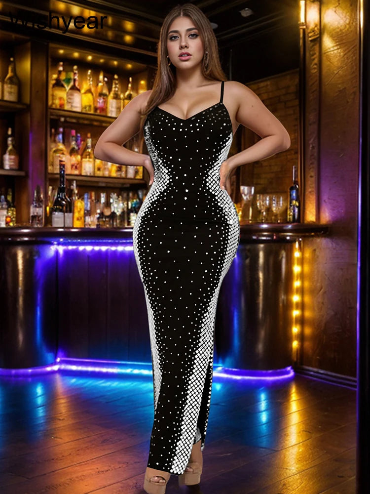 Wishyear Women Sexy Crystal Rhinestones Wedding Guest Party Evening Dresses Elegant Strap High Split Nightclub Birthday Clothing - reetell