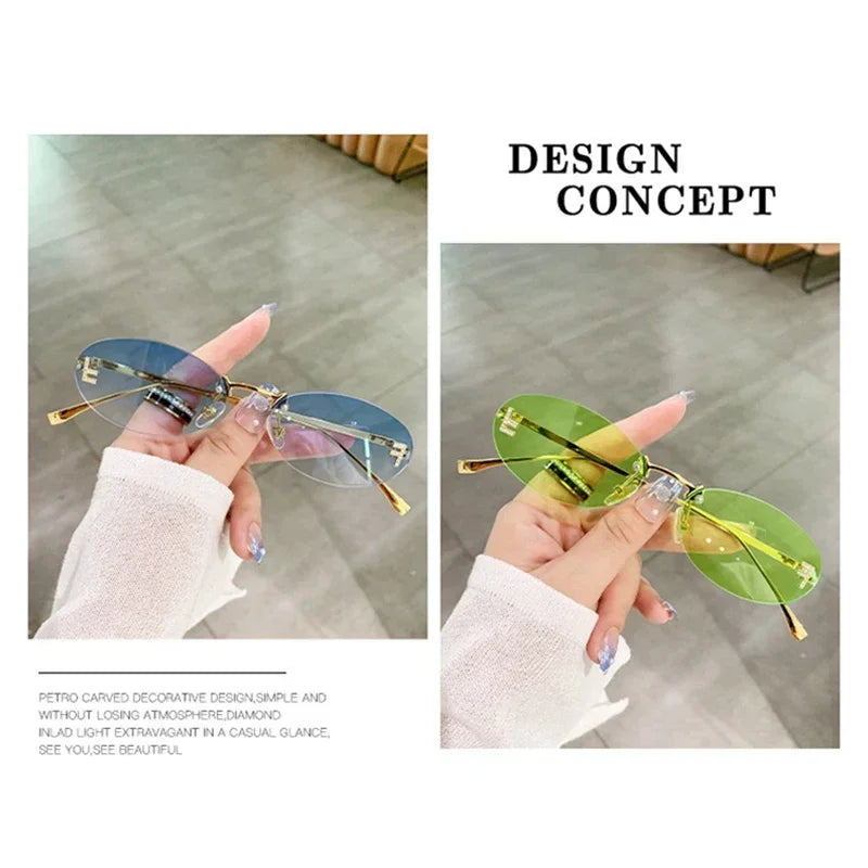 Letter Oval Sun Glasses Fashion Women's Sunglasses Women Luxury Quality Cat Eye Sun Glasses Rimless Eyewear - reetell