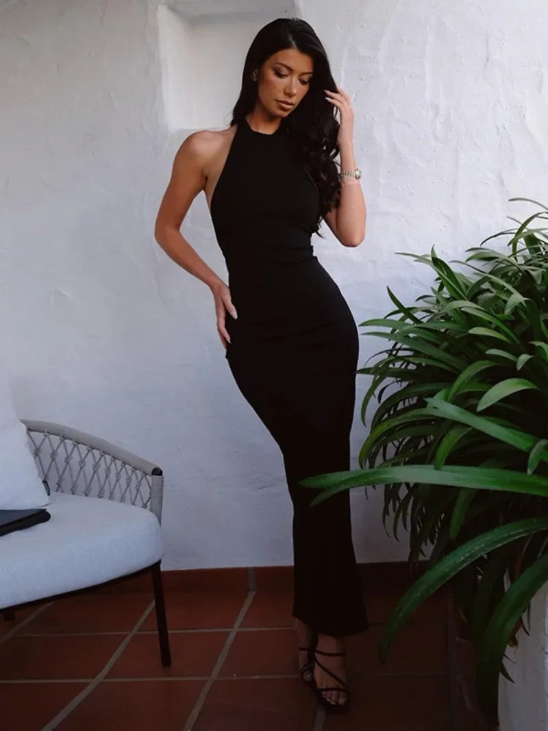 Woman Clothing Halter Neck Off Shoulder Backless Split Black Evening Dress Sexy Elegant Sleeveless Bodycon Solid Party Dresses - reetell