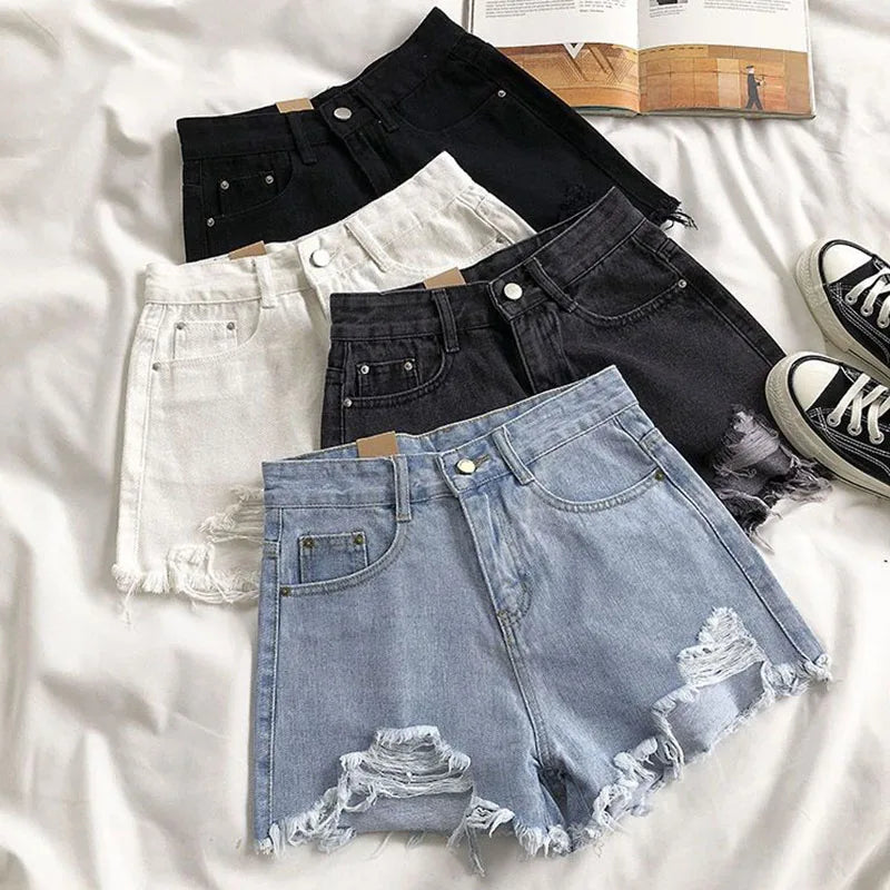 Lucyever Summer Denim Shorts Women Korean Fashion Ripped Holes High Waist Short Jeans Female Casual Street Wide Leg Short Pants - reetell