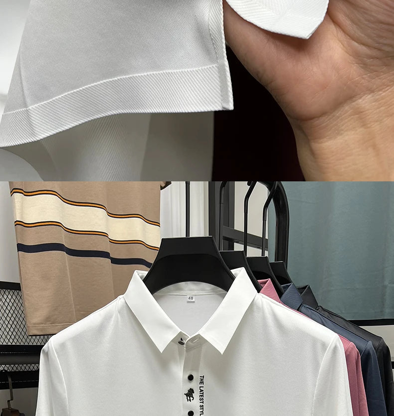 High-End Summer Business Solid Color High Quality Men Short Sleeve Polo Shirt Lapel Collar Fashion Casual Trace Printing M-4XL