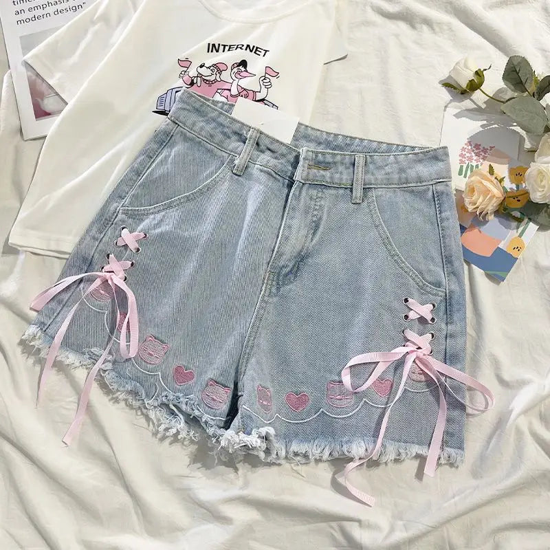 Japanese Denim Shorts Women 2024 New Bottoms Hig Waist Embroidery Bandage Pants Tunic Cute Shorts Pantalones Cortos De Mujer - reetell