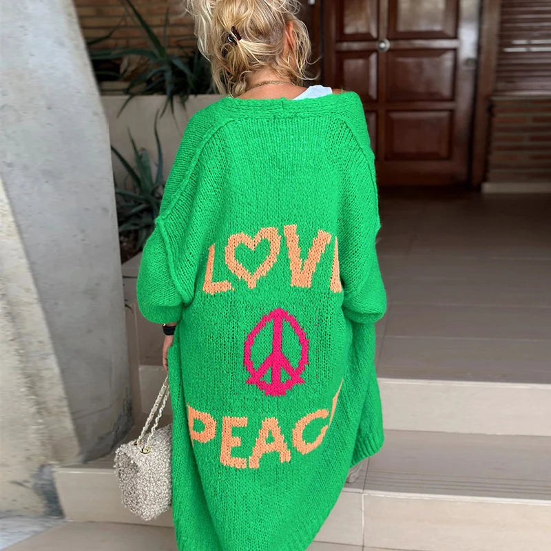 Fashion Letter LOVE & PEACE Knitted Cardigan Female Autumn Lantern Sleeve Casual Sweater Coat Women Winter Elegant Long Outwear - reetell