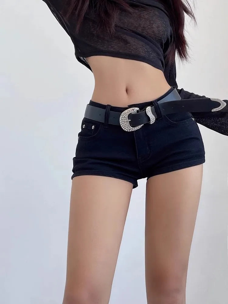 Y2k Black Sexy Gothic Denim Shorts Women Skinny High Street Low Waist Summer Streetwear Chic Punk Style Fashion Ladies - reetell