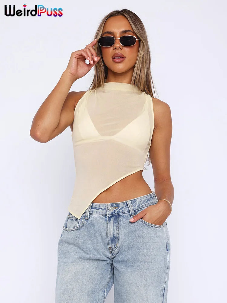 Weird Puss Sexy Irregular Tank Tops Women See Through Summer Trend Sleeveless Skinny Coquette Hipster Sexy Wild Streetwear Vest - reetell