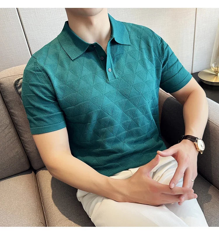 High-quality Men's Jacquard Polo Shirt, Business Casual Men's Solid Color Short-sleeved Top,  Geometric Pattern Men's T-shirt.