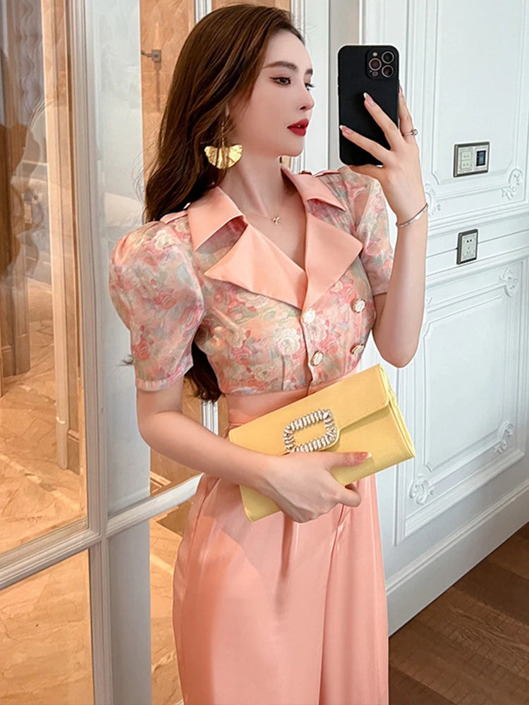 Satin Elegant Office Women Jumpsuits Formal Vintage Floral Puff Sleeve Pocket Party Female Mujer Wide Leg Loose Rompers Summer