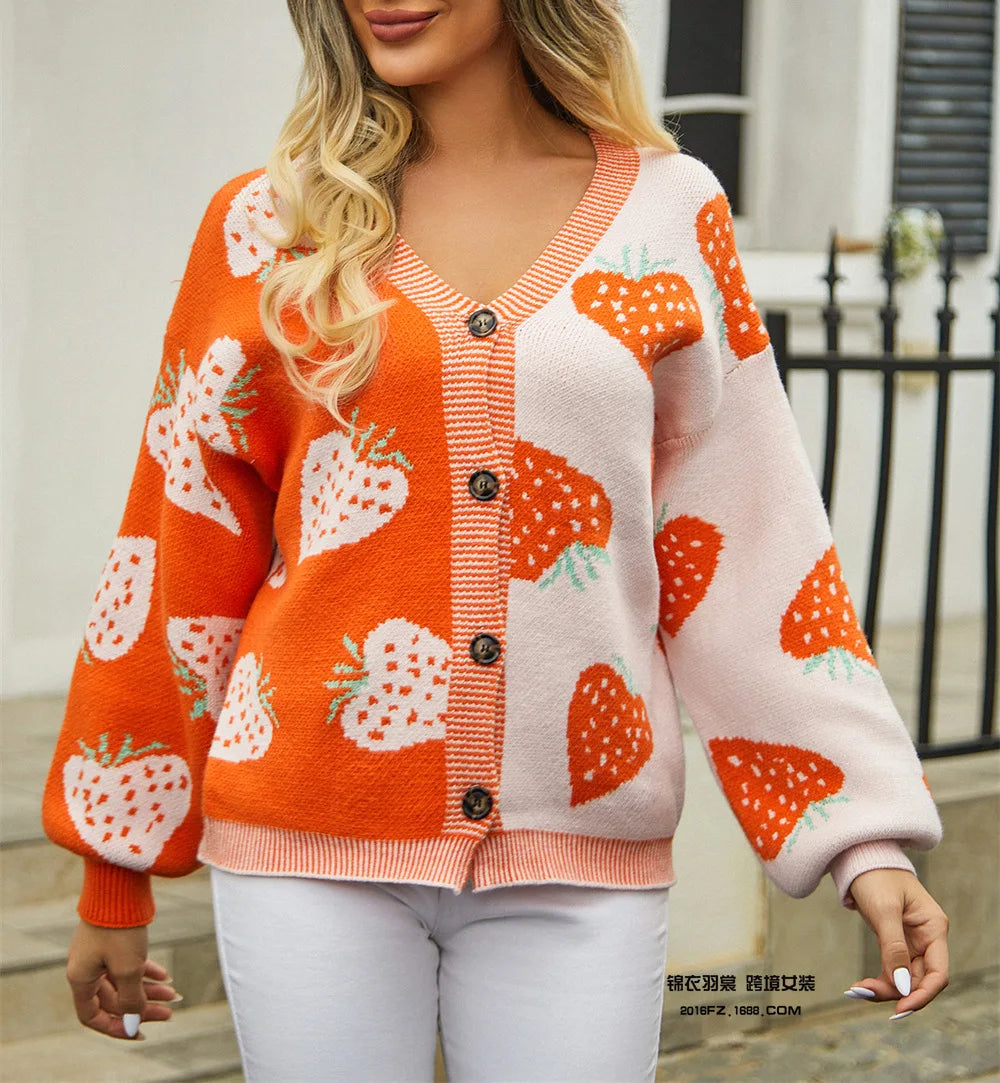 2024 Autumn/Winter New European and American Cross border Sweater V-neck Button Cardigan Strawberry Coat Sweater Female - reetell