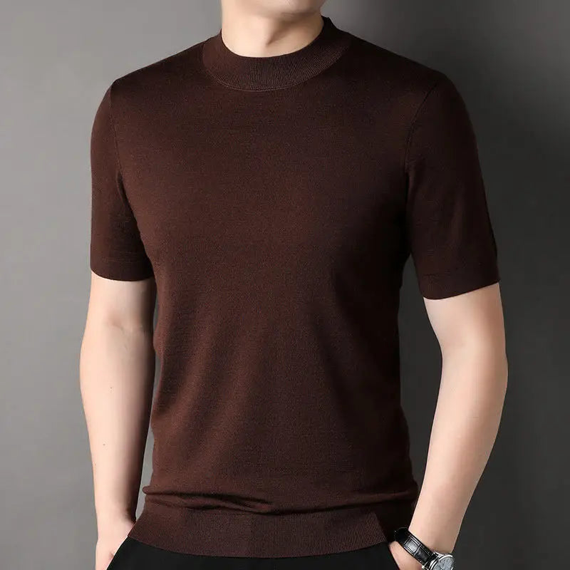 Worsted Mercerized Men Summer Short Sleeves T-shirt Versatile Fashion Male Clothing Half Turtleneck Casual Basic Knitted Tops - reetell