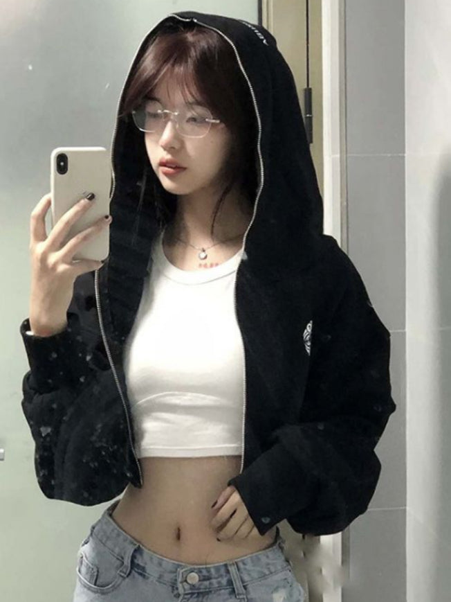 Streetwear Hoodies Women Harajuku Casual Hooded Zipper Jackets Crop Tops 2023 Ropa Mujer Casual Korean Fashion Y2k Sweatshirt - reetell