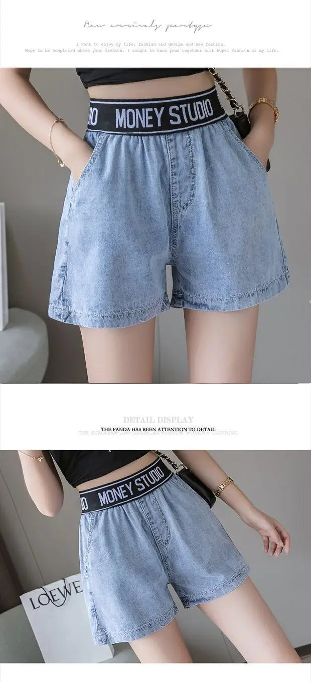 2023 New Elastic Waist Denim Shorts Women's Summer High Waist New Versatile Casual Loose Simple Academy Style - reetell