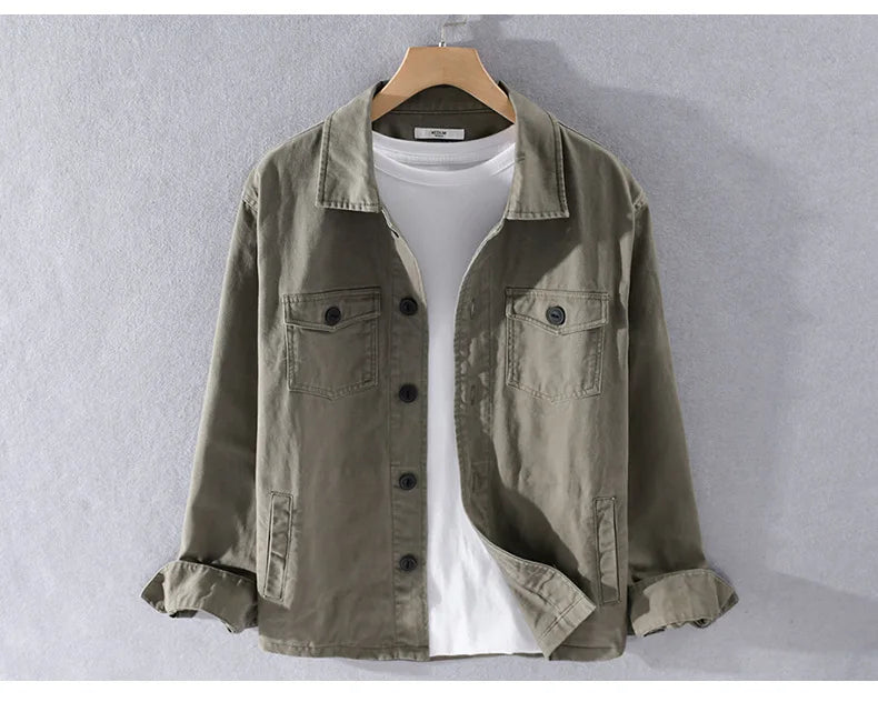 100% Cotton Tooling Japanese Jacket, New Coat Men's Long Sleeve Khaki Shirt, Casual Cotton Comfortable Thick Shirt camping - reetell