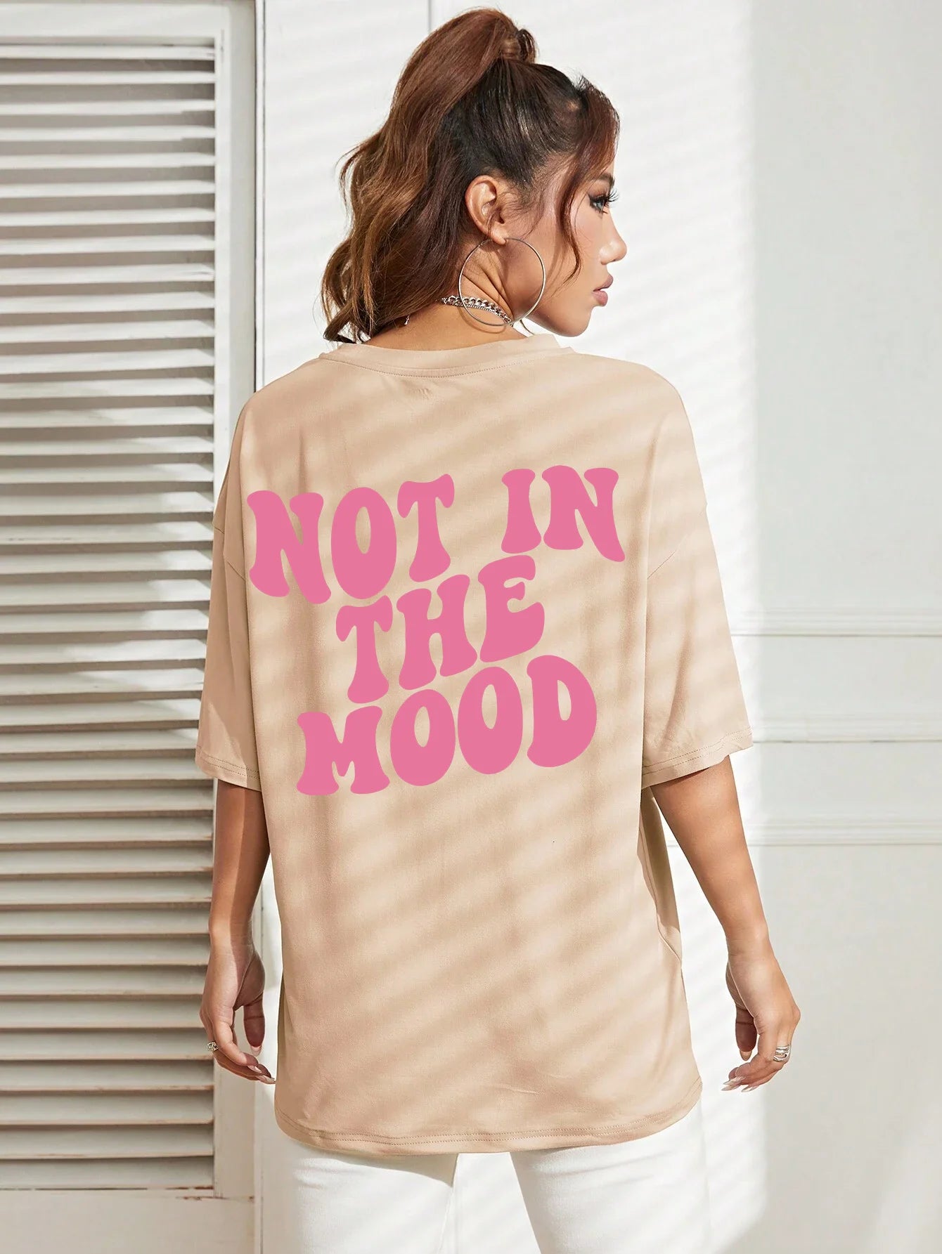 Not In The Mood Pink Letter Print T-Shirts Women Summer Cotton Clothing O-Neck Oversized Short Sleeve Breathable Casual Tshirt - reetell