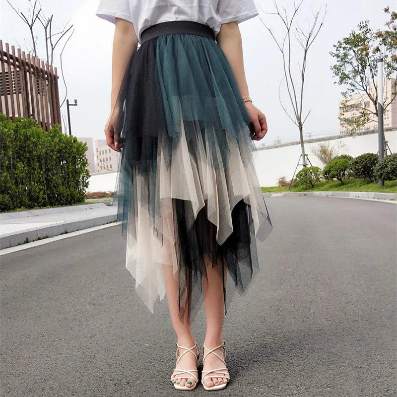 Fashion Summer Tutu Women Skirt Harajuku Tulle Bottom Faldas Casual High Waist Midi Mesh Skirts Woman Clothes Saia Jupe Femme - reetell