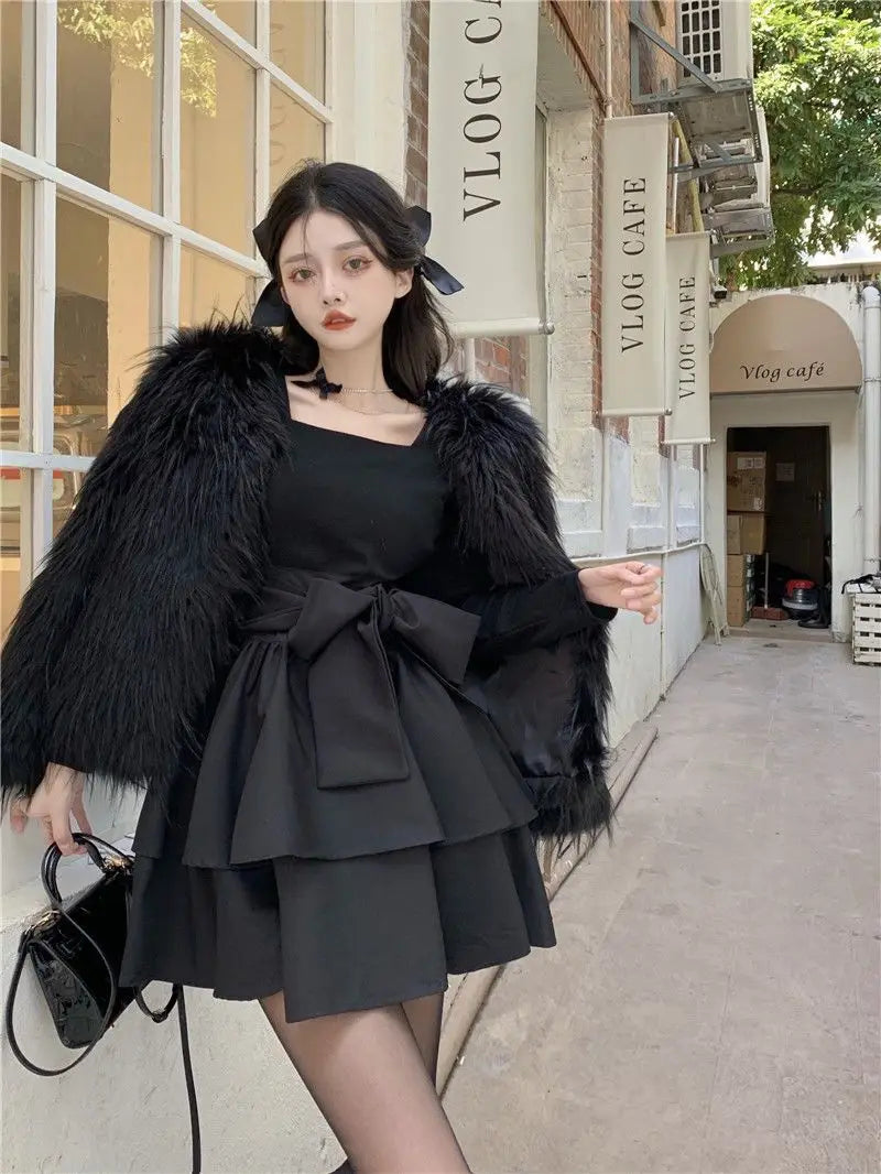 Women Vintage Bow Kawaii Sweet Fairy Elegant Party Dresses 2024 Spring Female Square Collar High Waist Slim Sexy Y2K Mini Dress - reetell