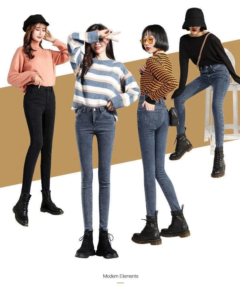 Spring Autumn and Winter Skinny Warm Jeans Women Velvet Ankle Length Casual Thick Pencil Pants Basic Fleece Denim Trousers - reetell