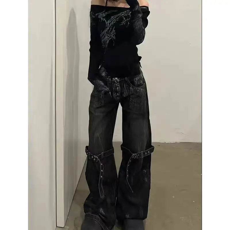 HOUZHOU Black Women's Jeans High Waist Hip Hop Straight Fashion Pants Streetwear Harajuku Y2K Star Female Wide Leg Denim Trouser - reetell