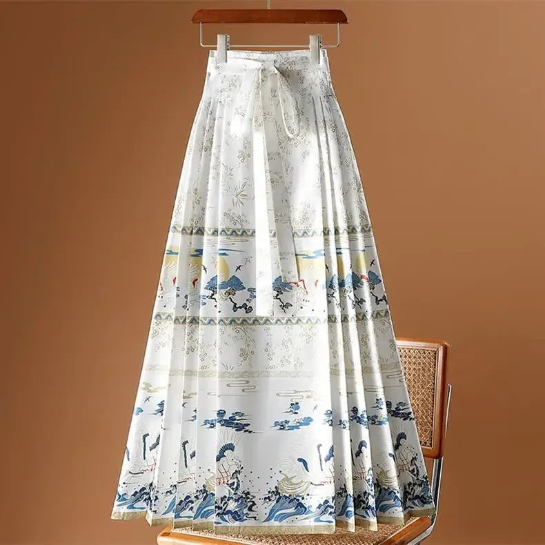 Maxi Chinese Style Horse Face Skirts Women Hanfu Vintage Harajuku Saia Casual Long Print Pleated Skirt Woman Clothing Faldas - reetell