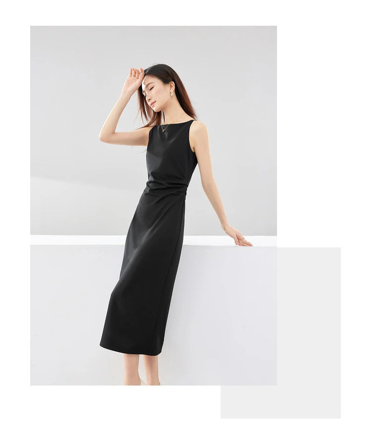 SENTUBILA Ruched Black Dress Women 2024 Spring Summer Party Slim Temperament Slash Neck Sleeveless Lady Midi Dresses Q33L52443 - reetell