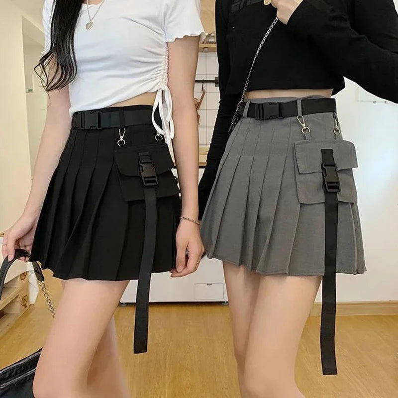 Zoki Harajuku Belt Pleated Cargo Skirt Women Fashion Gothic High Waist Pocket Mini Skirts Fashion Summer Lady A Line Black Skirt - reetell