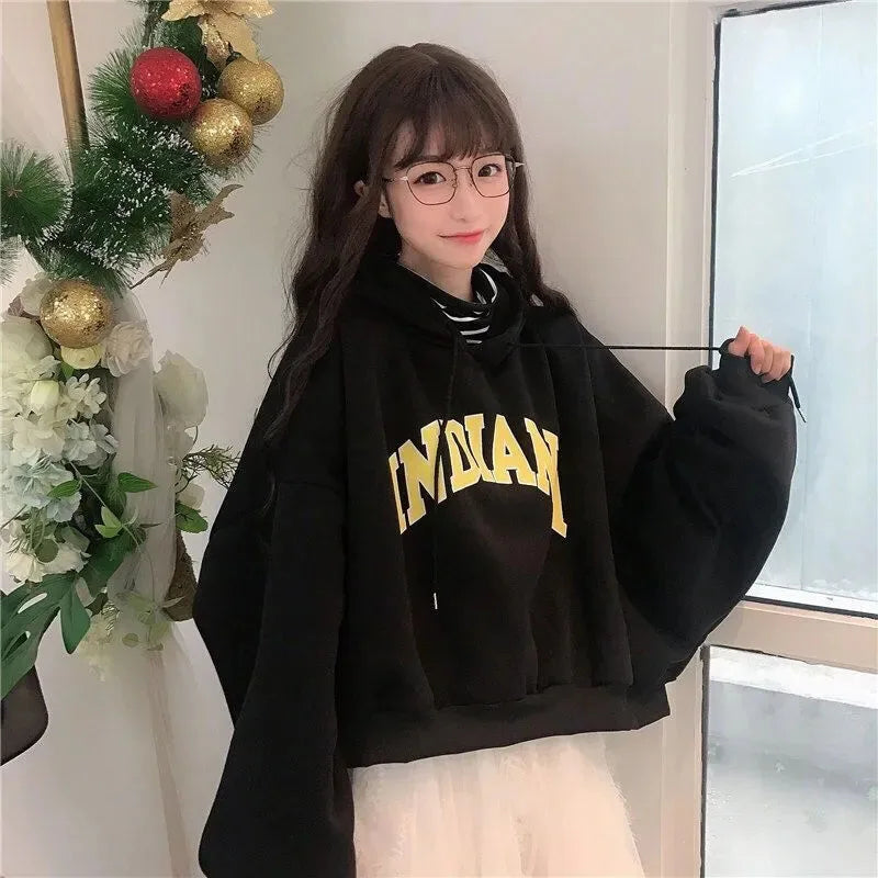 Autumn Thick Women Hoodies Fashion Loose Fake Two Piece Letter Printing Tops Harajuku Warm Preppy All Match Crop Sweatshirts - reetell