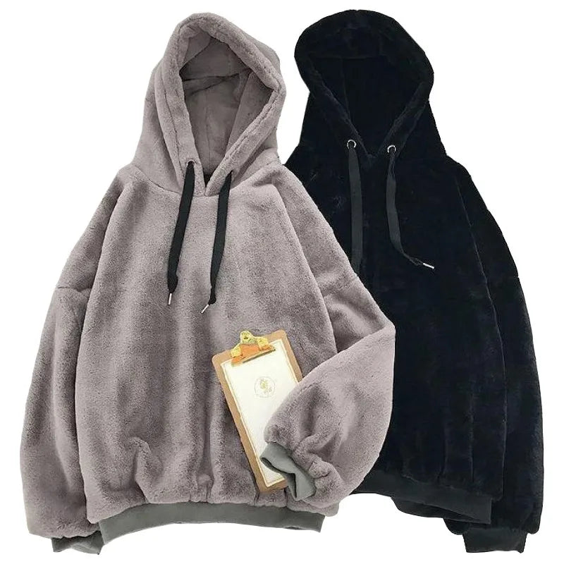 Autumn Winter Fleece-lined Hooded Long-sleeve Sweatshirt Women Hoodies Fashion Loose Couple's Warm Plush Coat Lazy Style Tops - reetell