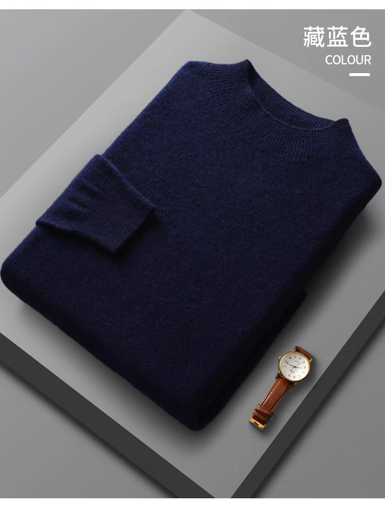 Spring Autumn 100% Merino Wool Pullover Sweater Cashmere Knitwear Men Mock-Neck Long-sleeve Basic Clothing Grace Tops - reetell