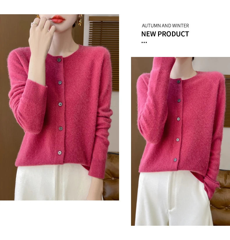 100% Merino Wool Long Sleeve Sweaters Cashmere Cardigan Spring Autumn Women O-Neck Knitwear Tops Clothing Fashion Basic Tops - reetell