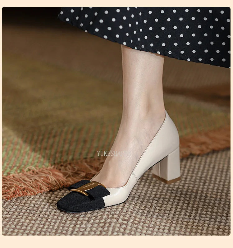 2024 New Temperament Elegant Fashion High-heeled Shoes Women's Shoes Spring Bow Mid-heel Leather All-match Thick-heeled Shoes