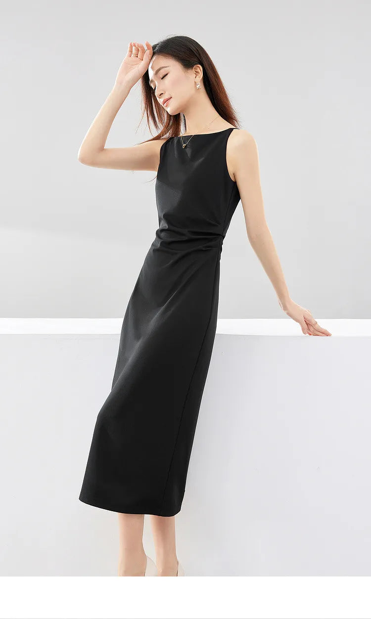 SENTUBILA Ruched Black Dress Women 2024 Spring Summer Party Slim Temperament Slash Neck Sleeveless Lady Midi Dresses Q33L52443 - reetell