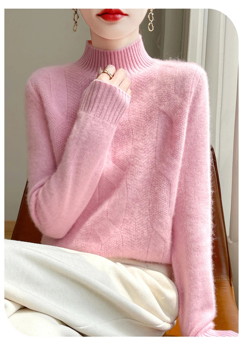 100% Merino Wool Half Turtleneck Pullover Women's Autumn and Winter Thick Twist Flower Sweater Korean Fashion Women's Wear - reetell