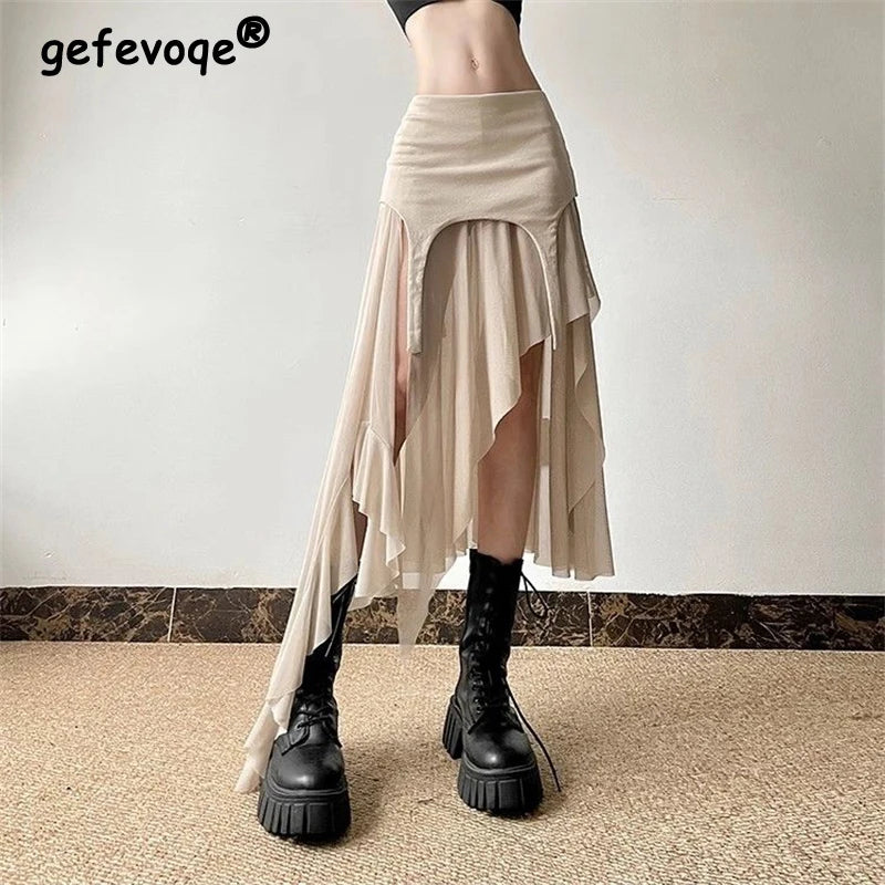 Women Clothes Vintage Y2K Harajuku Aesthetic Fairy Asymmetrical Skirts Summer Female Sexy Split Solid High Waist Slim Midi Skirt - reetell