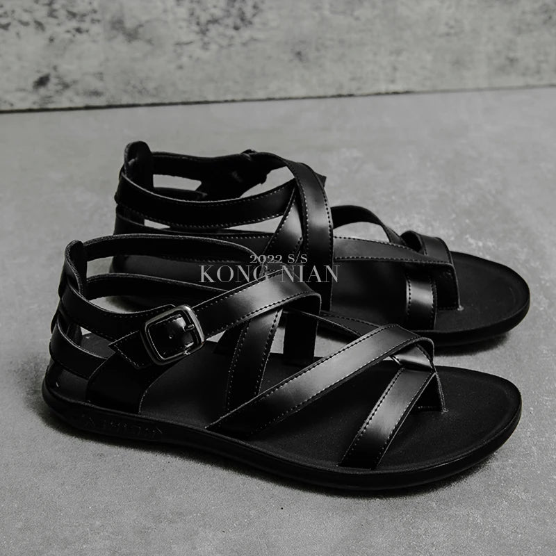 Rome Style Men Leather Sandals Cross Strap White Solid Men 2022 Summer Beach Shoes Size 38-45 Daily Casual Outdoor Driving