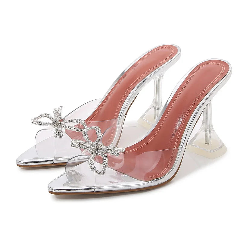 Big size 35-45 Rhinestones Bowknot Transparent PVC Women Slippers Elegant High heels Summer Shoes Sandals Fashion  Mules Slides