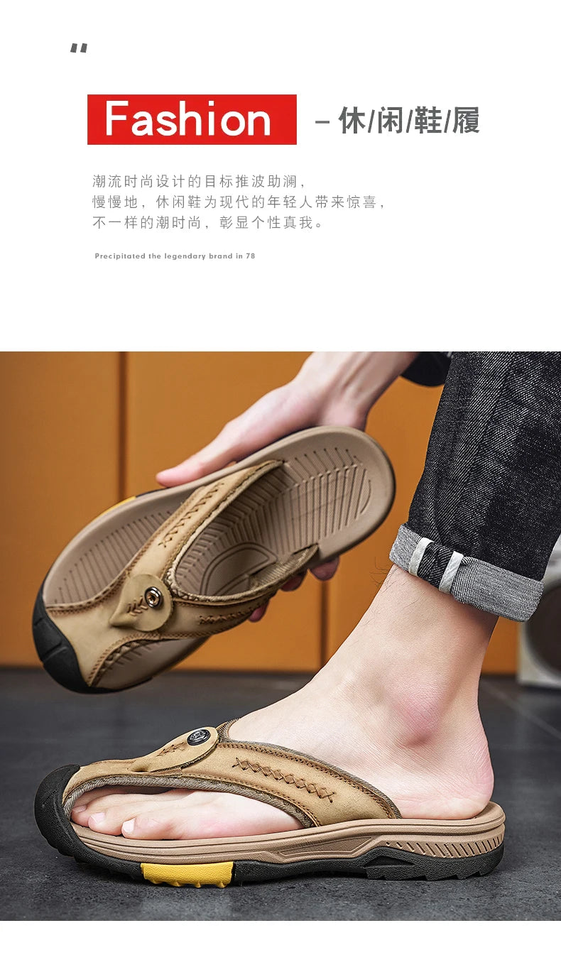 Genuine Cow Leather Shoes Men Baotou Sandals Mens Flip Flops Men's Casual Shoes Classic Beach Slippers Anti-slip Summer 2023