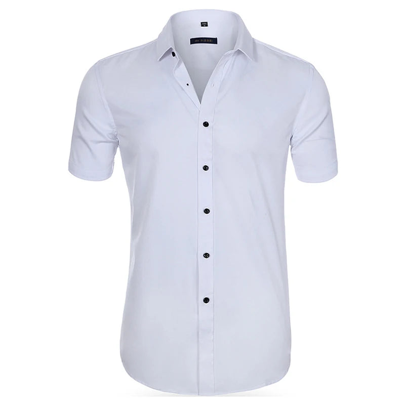 Anti-Wrinkle Stretch Slim Elasticity Fit Male Dress Business Basic Casual Short Sleeved Men Social Formal Shirt Oversized