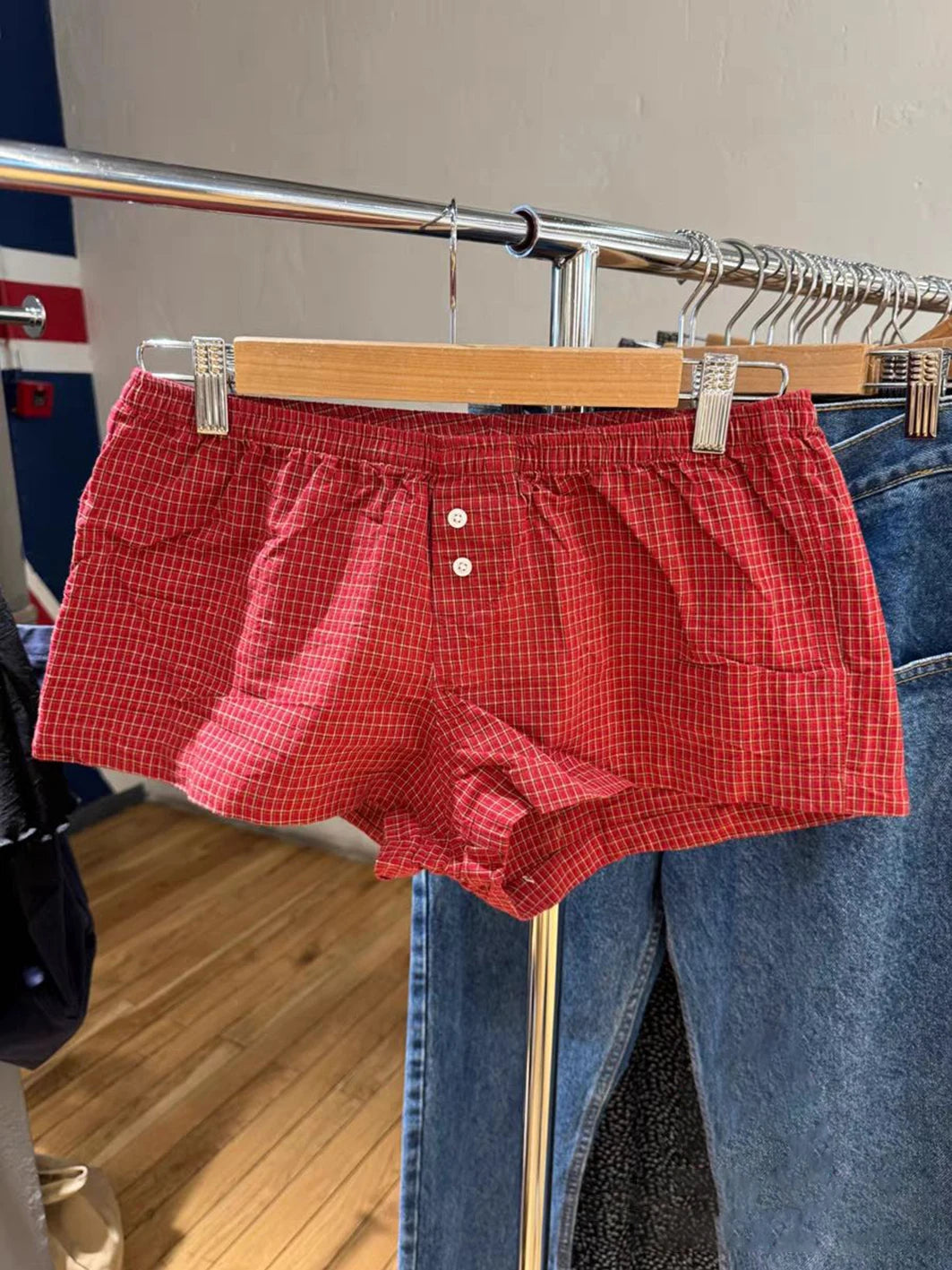 Red Plaid Straigth Shorts Women Summer Elastic Waist Buttons Casual Sweet Short Pant Cotton Y2k Pants Vintage Home Underwear - reetell