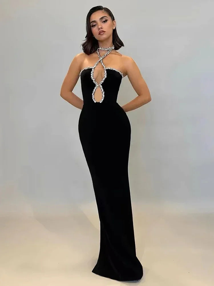 2024 New Autumn Women's Black Strapless Luxury Diamond Tight Long Bandage Dress Elegant Celebrity Party Evening Dress - reetell