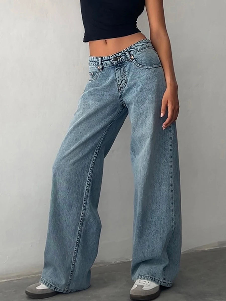 Y2k Vintage Low Rise Jeans for Women Jeans Wide Straight Leg Baggy Jeans Boyfriend Denim Pants with Pocket Streetwear - reetell