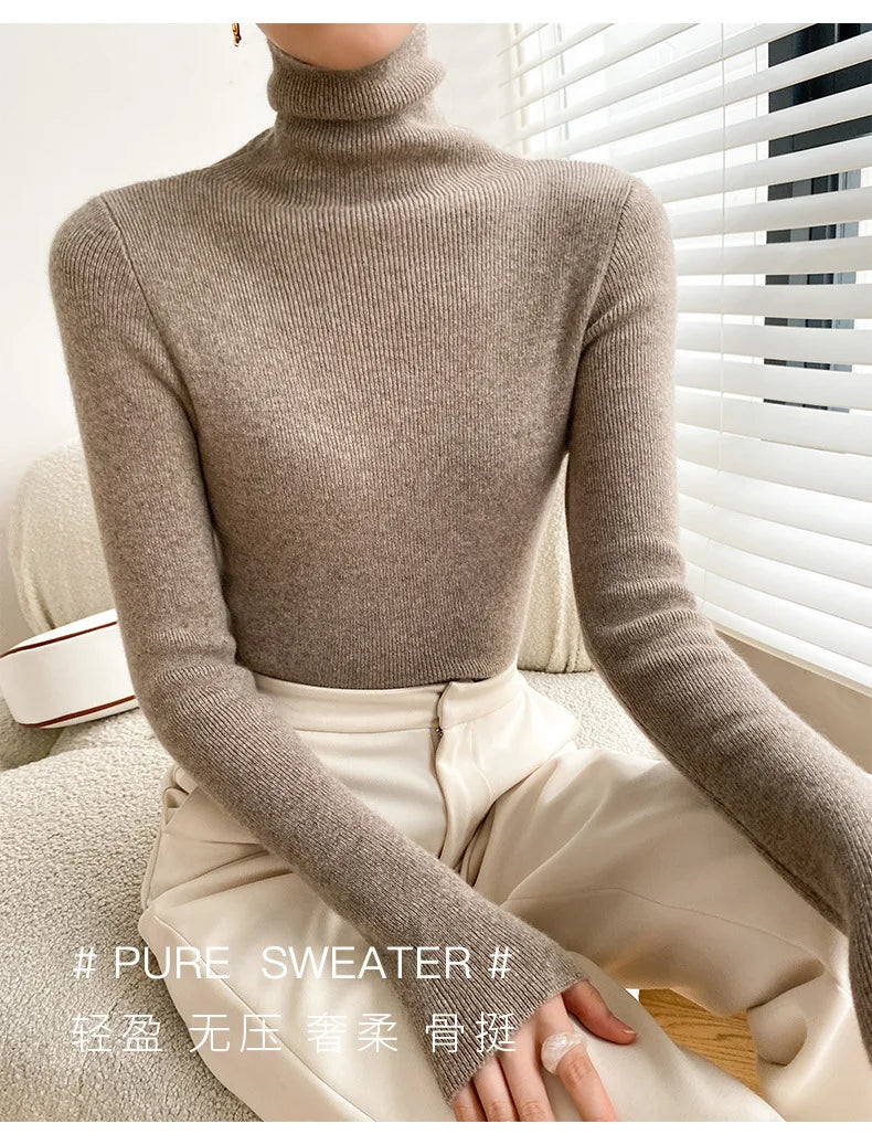 Women Sweater Winter Cashmere Turtleneck Warm Knitwear Korean Casual Solid Bottoming Shirt Fashion Knit Pullovers Brown Sweater - reetell