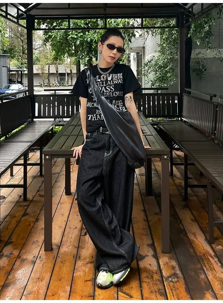 HOUZHOU Vintage Embroidery Black Jeans Women Oversized Streetwear Grunge Y2k Baggy Denim Trousers Boyfriend Jeans Hip Hop Gothic - reetell