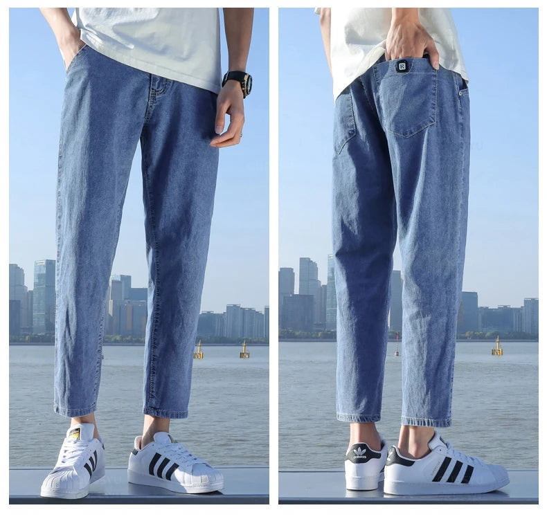 2024 New Men's Stretch Ankle Length Jeans Light blue Fashion Casual Cotton Slim Fit Denim Pants Korean Trousers Male Brand Cloth - reetell