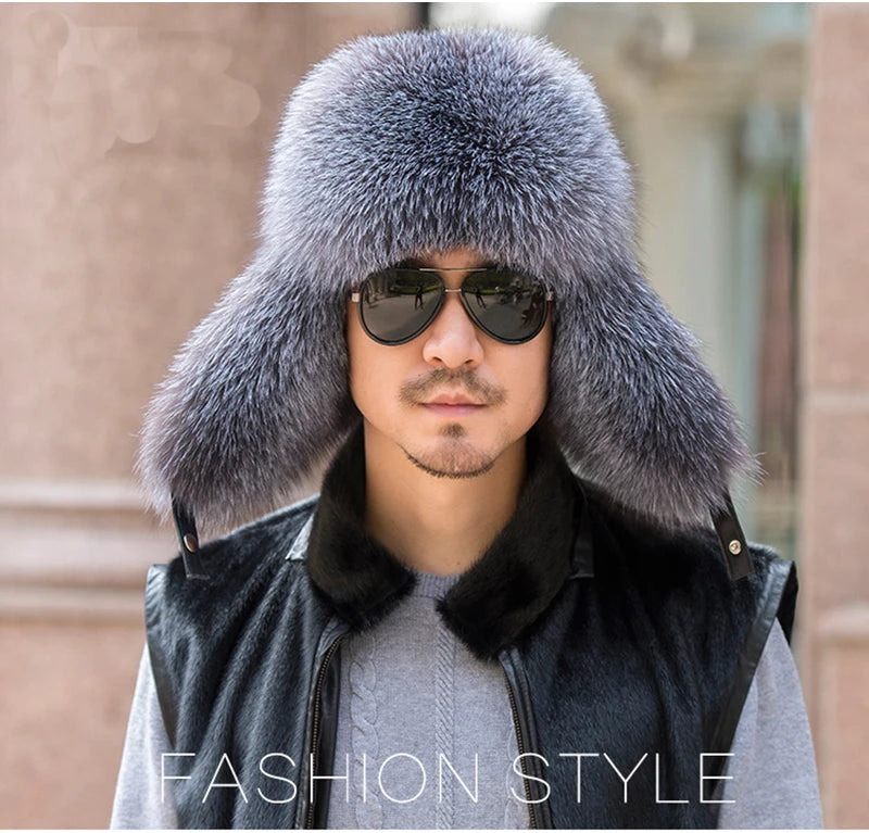 Winter Men's 100% Real Silver Fox Fur Bomber Hat Raccoon Fur Ushanka Cap Trapper Russian Man Ski Hats Caps Real Leather