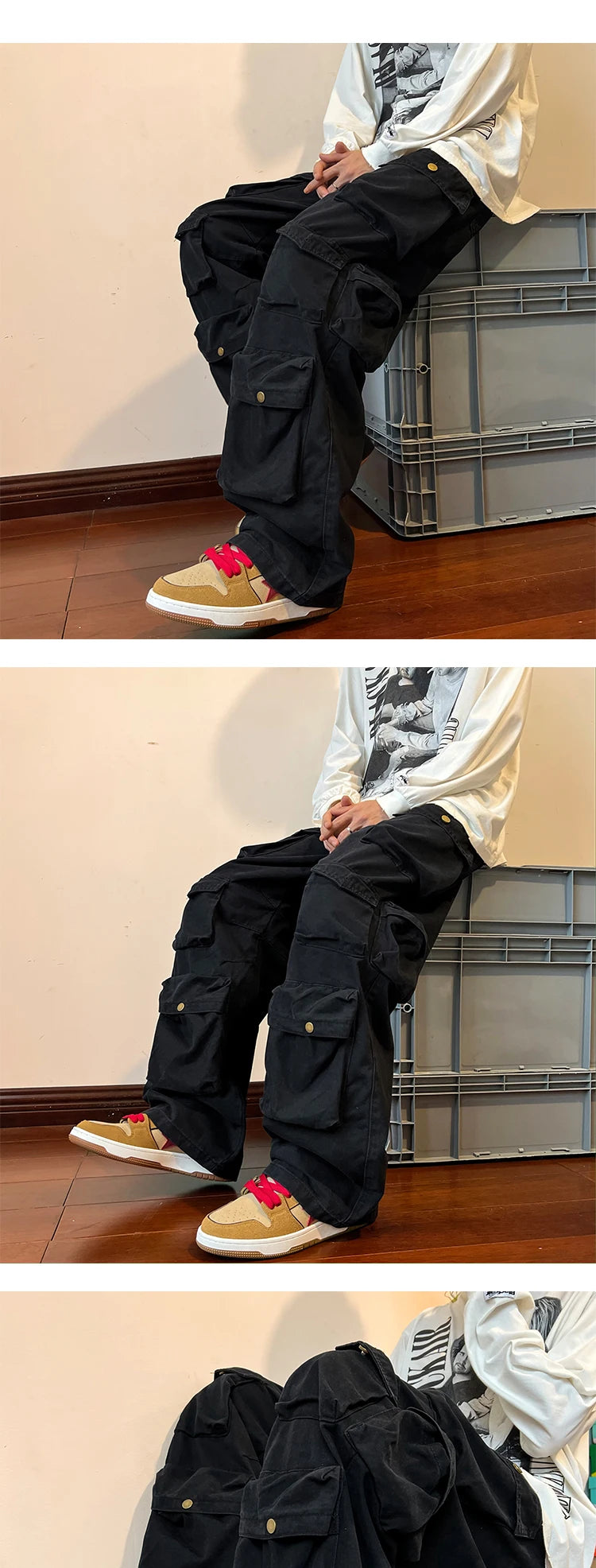 2023 Men Cargo Pants Multi-Pockets Tool Pants Harajuku Mens Vintage Loose Wide Leg Pants Streetwear Casual Hip-Hop Trousers