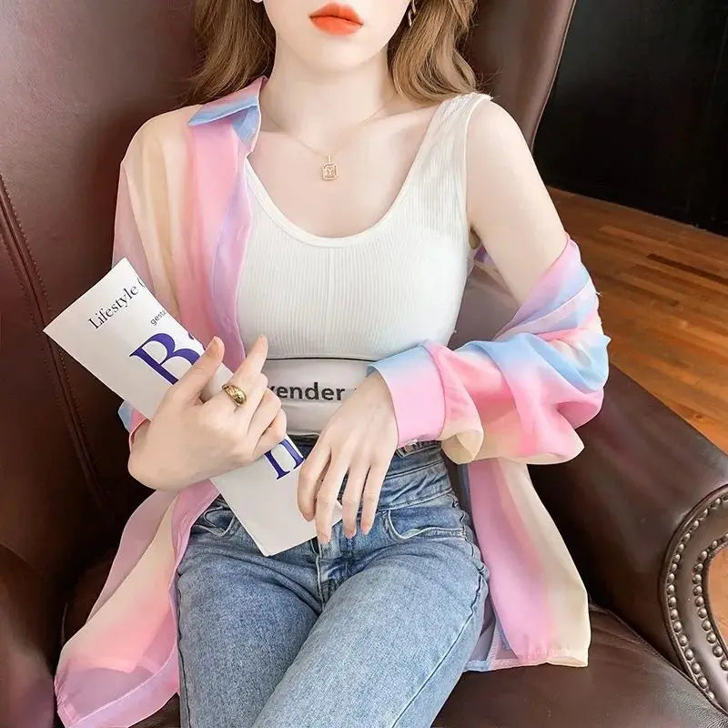 Turn-down Neck Long Sleeved Shirt And Blouses Gradient Rainbow Color See-through Thin Women Clothing Loose Top Shirt Casual New - reetell